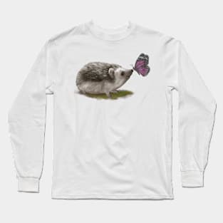 Cute Little Hedgehog and Butterfly Illustration Painting Long Sleeve T-Shirt
